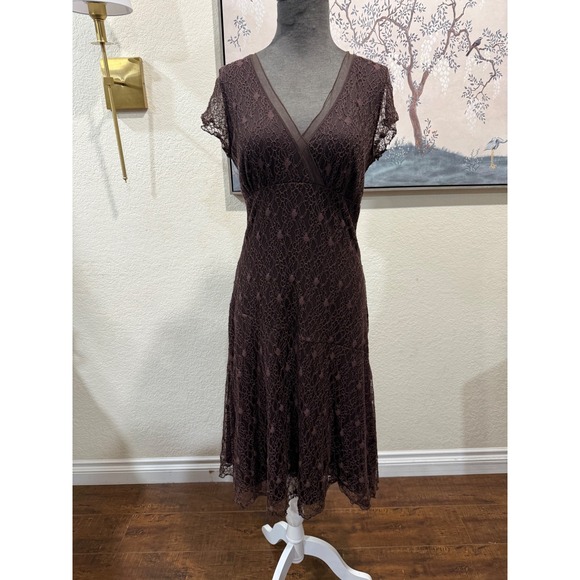 Papillon Blanc Dresses & Skirts - Papillon Blanc Brown Lace V-Neck Midi Dress Short Sleeve Cocktail Size L 9079
